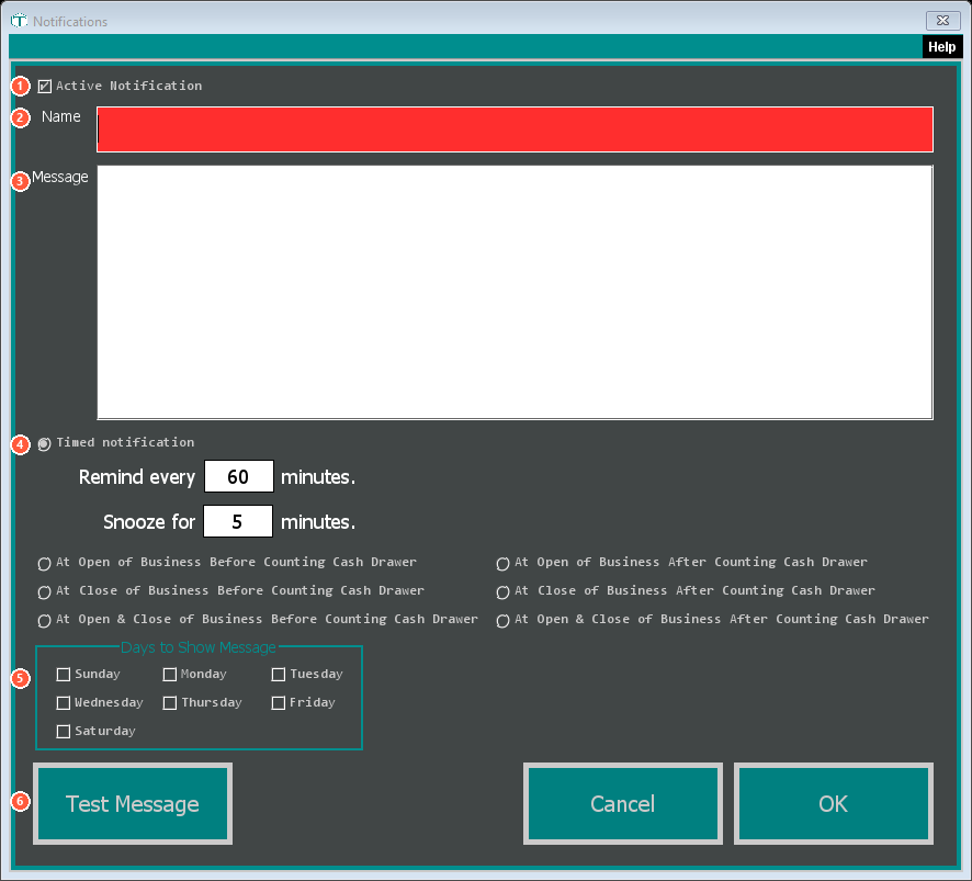 The Notification editor with its controls numbered 1 to 6