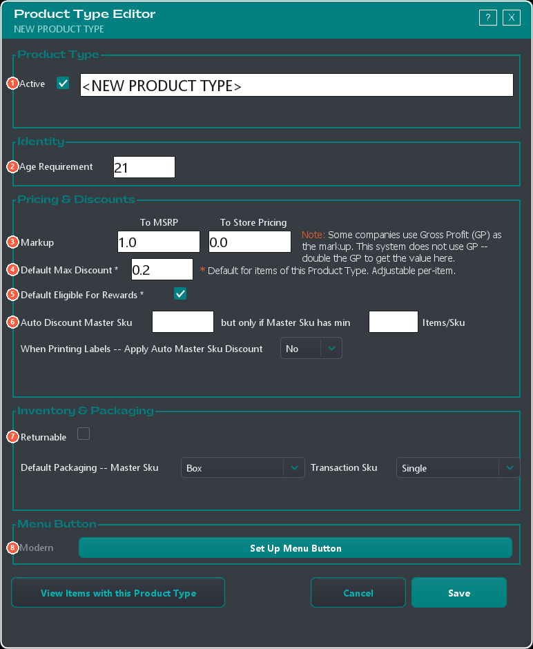 The Product Type editor with its settings numbered 1 to 8