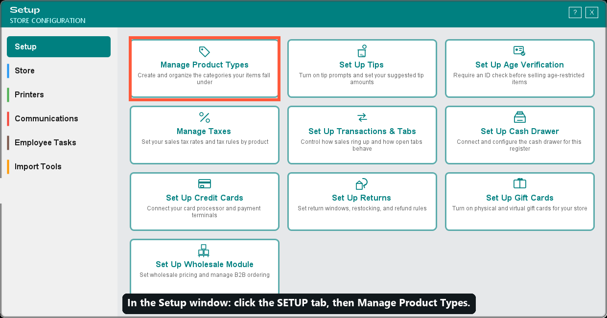 How to get there: the Setup tab, then Manage Product Types