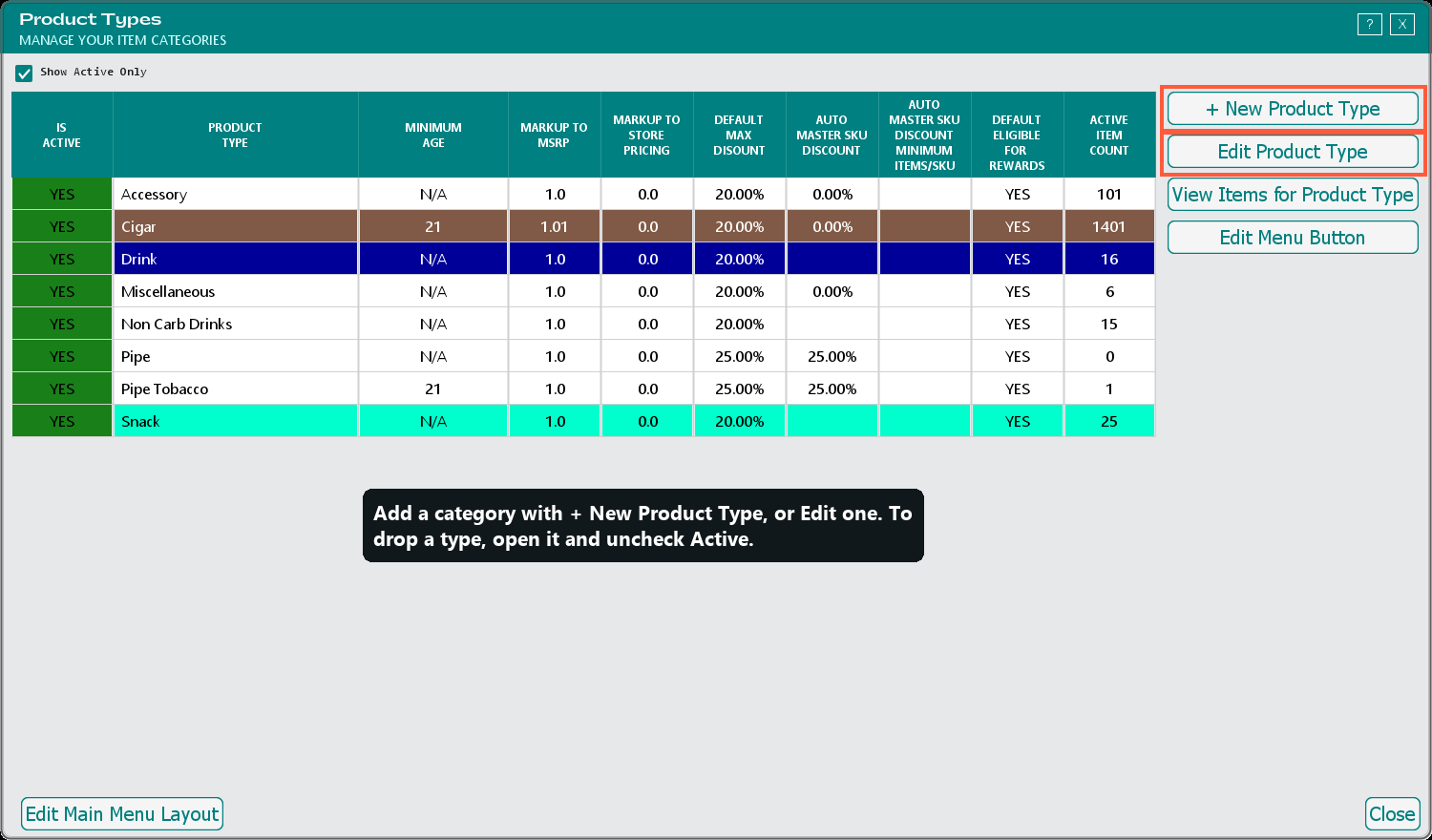 The Product Types window