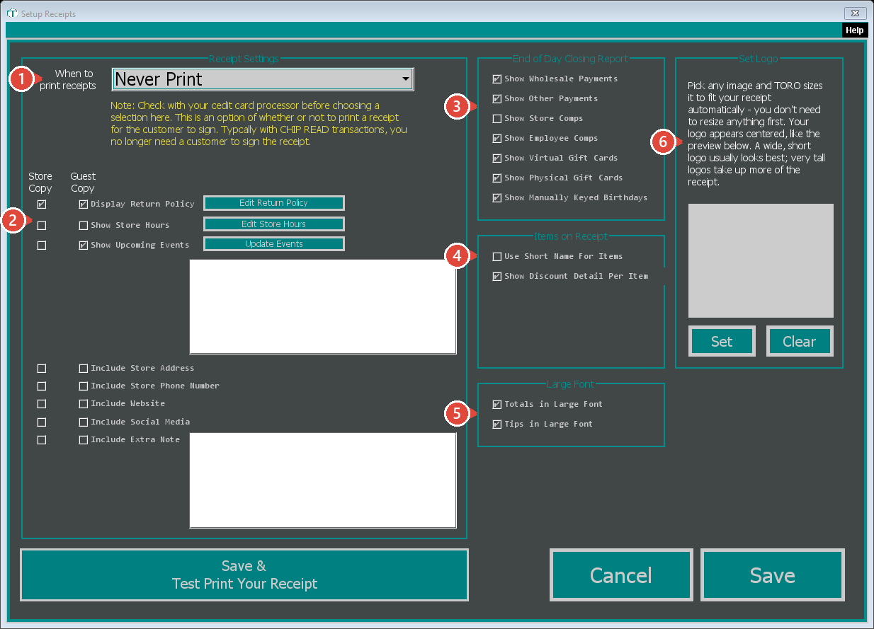 The Set Up Receipts window with its features numbered 1 to 6
