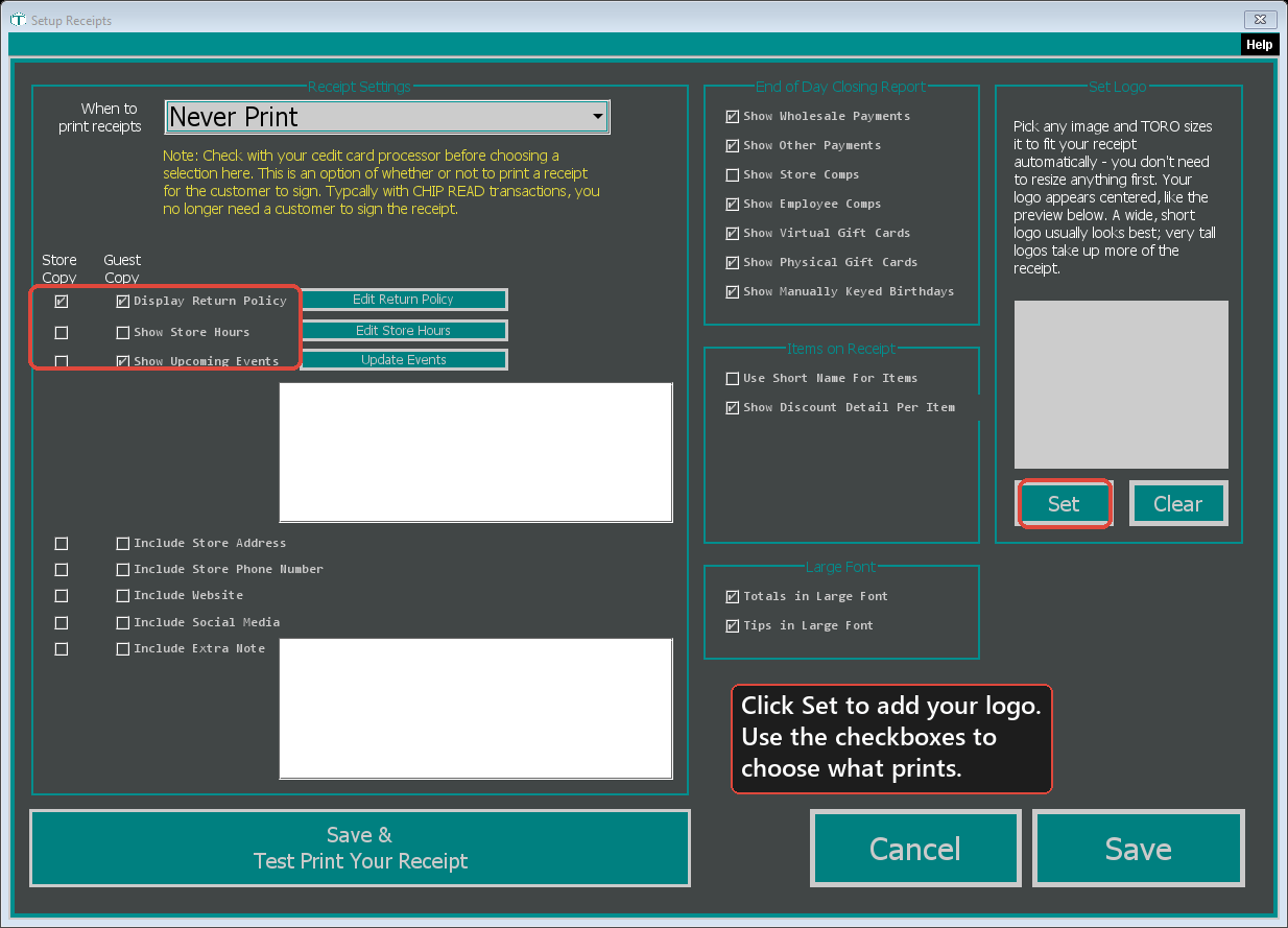 Set Up Receipts window