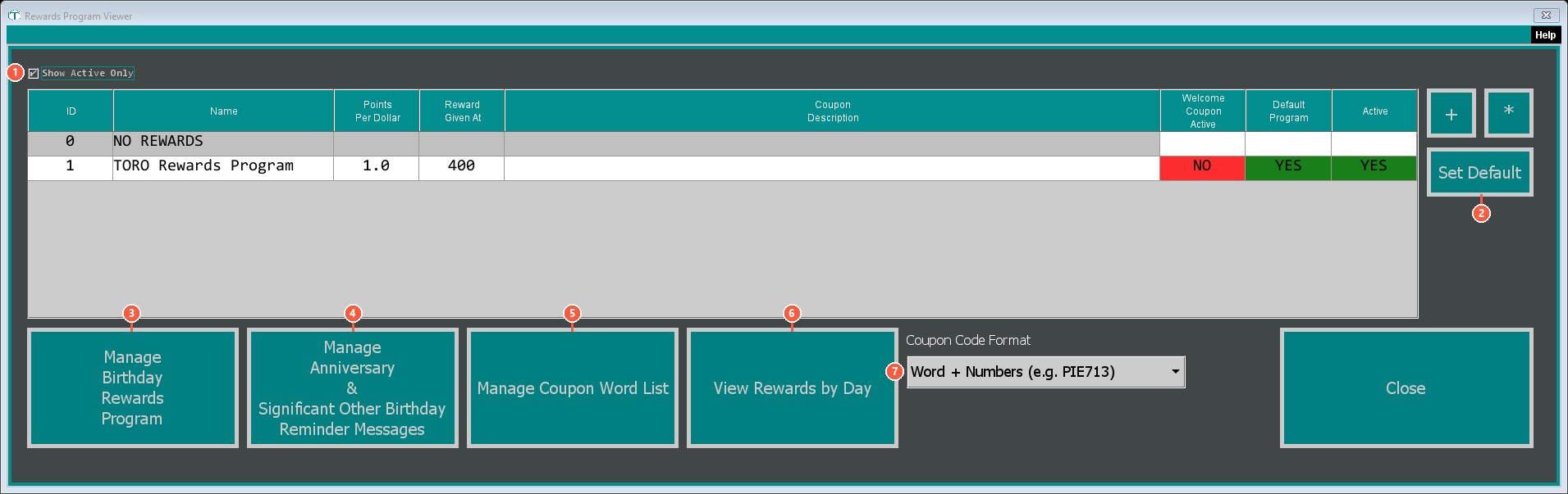 The Rewards Program Viewer with its features numbered 1 to 7