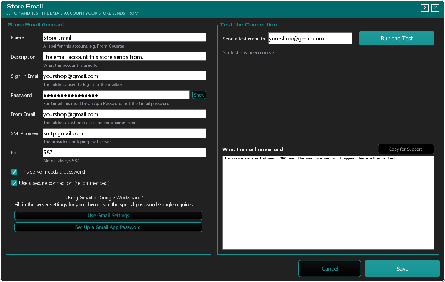 The Store Email window: settings on the left, the connection test on the right