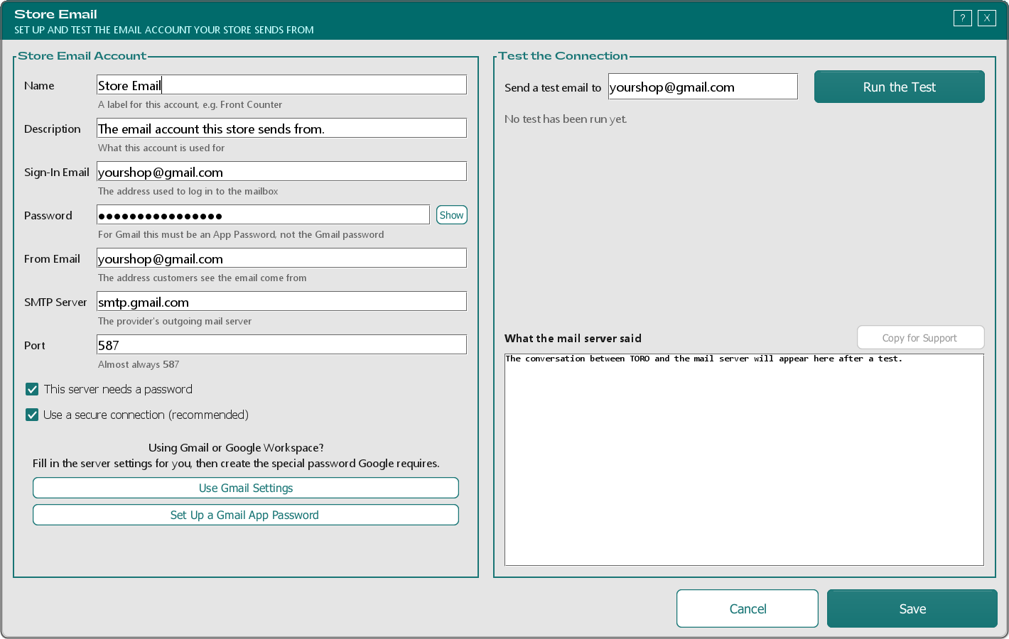 The Store Email window: settings on the left, the connection test on the right