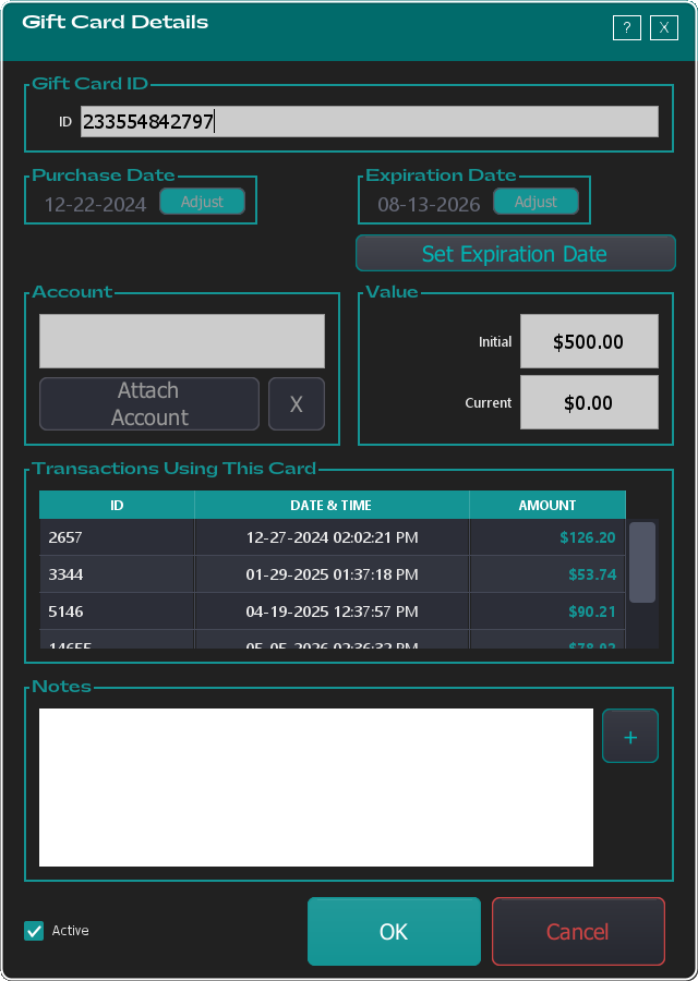 The Gift Card Details window